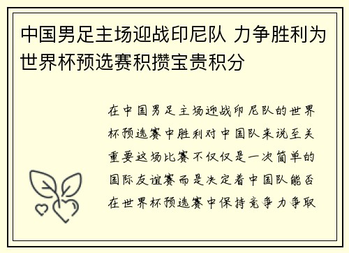 中国男足主场迎战印尼队 力争胜利为世界杯预选赛积攒宝贵积分